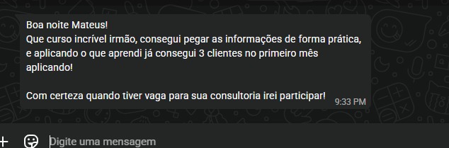 Print do WhatsApp do aluno Renan elogiando o curso do Mateus